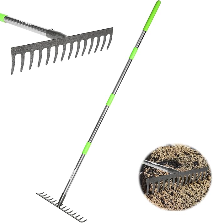 Joyhalo Rake for Leaves, 14 Tines Rakes for Gardening, Adjustable Length from 30.5 to 57 Inch Bow Rake, Metal Rakes for Gardening, Leveling, Loosening Soil