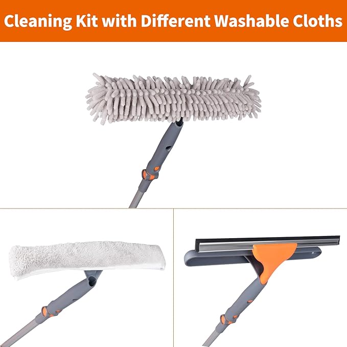 Squeegee Window Cleaner Set 2-in-1 Multi-Surface Cleaning Tool with Extendable Pole, Detachable Microfiber Cloths Bendable Head for Indoor & Outdoor Glass for Car Indoor Outdoor High Windows