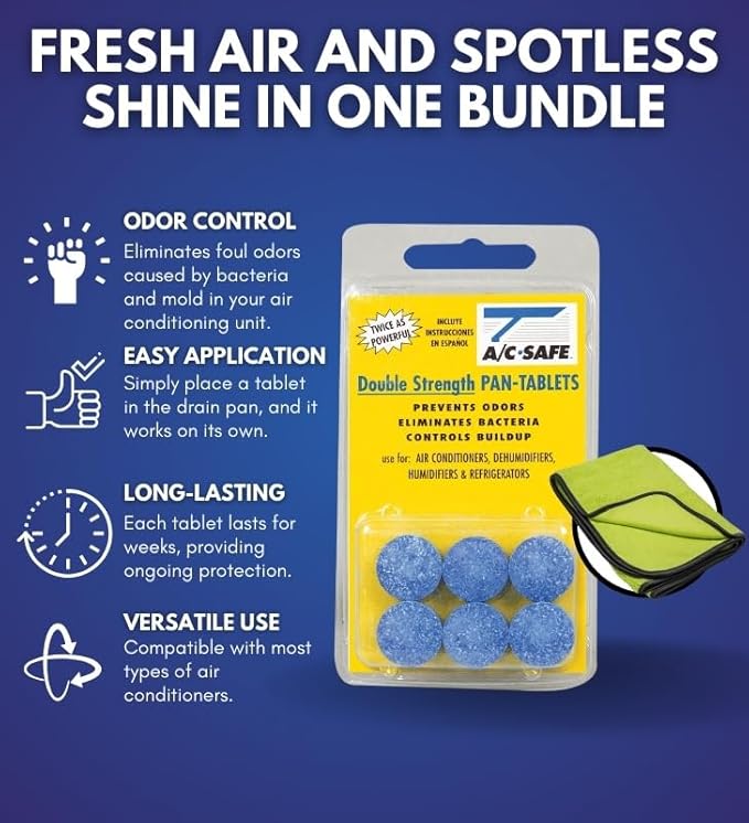 AC-Safe Air Conditioner Pan Cleaner Tablets 6 ct Bundle with Microfiber Auto Cleaning Cloth – Non-Toxic AC Drain Pan & Condensate Line Cleaner - Eliminates Odors for AC and Humidifiers - (2 items)