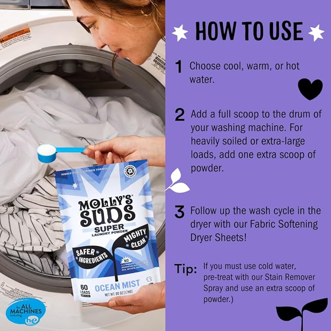 Molly's Suds Super Powder Detergent | Extra Strength Laundry Soap, Stain Fighting | Sensitive Skin | Simple, Effective Ingredients | 60 Loads - Lavender