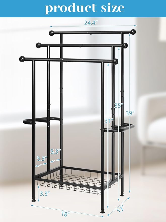 Haturi Free Standing Towel Rack for Bathroom, 3-Tier 39" H Black Metal Towel Drying Rack with Storage Basket, 24.4" L x 13" W x 39" H Rust-Resistant Outdoor Holder for Pool & Oversized Towels
