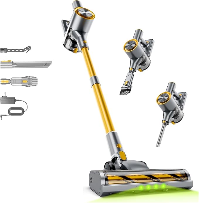 Shieal Cordless Stick Vacuum Cleaner - 45KPA Powerful Suction Vacuum with 45 Min Runtime, Detachable Battery, Anti-Tangle & 1.5L Dust Cup, 8 in 1 Vacuum Cleaner for Pet Hair, Carpet, HardFloor, Yellow