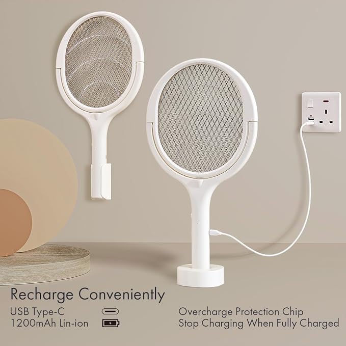GeckoMan Rotating Head Electric Fly Swatter Racket Rechargeable Bug Zapper Racket Bug Zapper Indoor Fly Zapper Mosquito Zapper Flies Killer for Indoors, with a Telescopic Extension