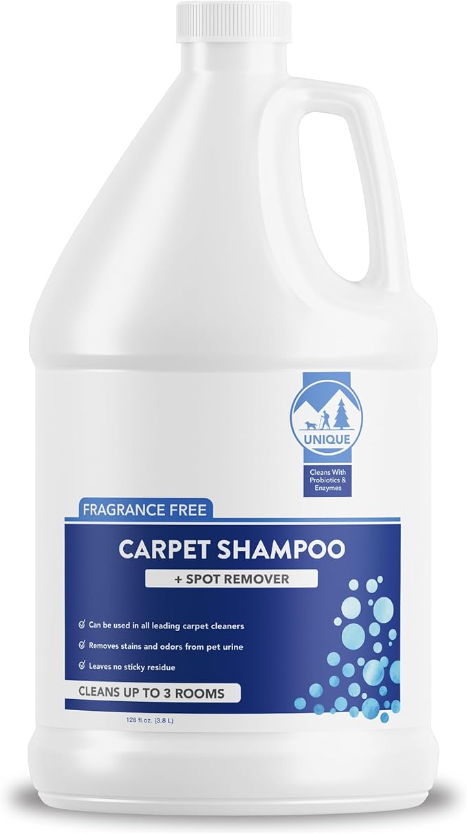 Unique Carpet Shampoo & Stain Remover, 128 oz - Pet Odor Eliminator and Bacteria and Enzyme Cleaner for Cat Urine, Dog Urine, Red Wine, Old Stains - Carpet Cleaner Spray for Machines & Manual Use