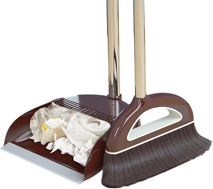Broom and Dustpan Set with Long Handle - Dust Broom and Dustpan Combo, Lightweight Robust Kitchen Brooms Dustpans, Ergonomic Duster Tool Cleaning Gadgets, for Home, Kitchen, Offices, Pet Hair, Coffee