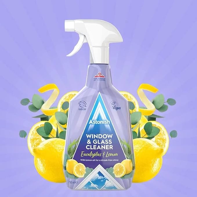 Astonish Streak Free Window & Glass Cleaner 3 Pack Spray Bottles With Vinegar For Deep Cleaning - Eucalyptus & Lemon Scented Home & Bathroom Cleaner - Cruelty Free Household Cleaning Supplies, 750ml