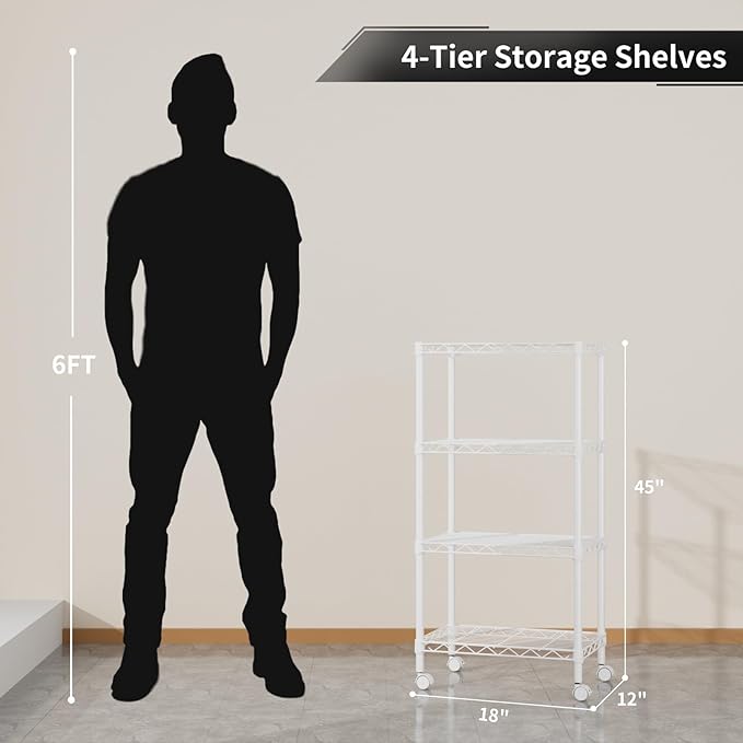 Golpart Small 4 Tier Shelves Storage Wire Shelving Unit Metal Shelf Adjustable Organizers Storage Shelving with Wheels for Bathroom Laundry Room Kitchen Pantry12”D x 18”W x 44.8”H White