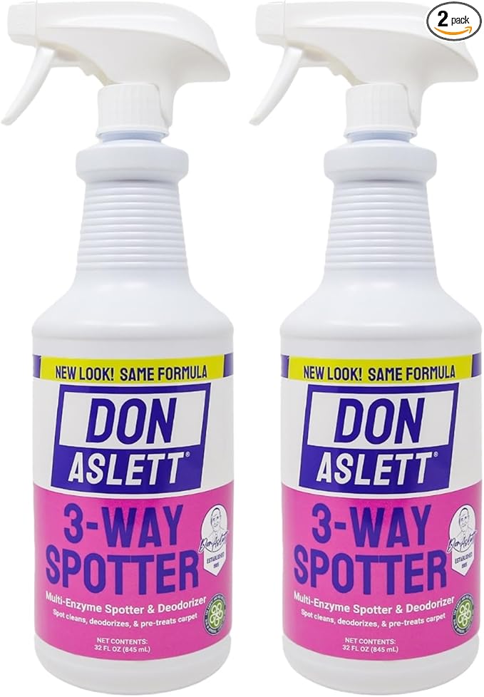 Don Aslett 3-Way Spotter (1 Liter Bottle, Pack of 2) Stain Remover, Odor Eliminator, Carpet Protector | Ready-to-use Rug Deodorizer and Spots Cleaner | Remove Carpet Stains with Enzymes