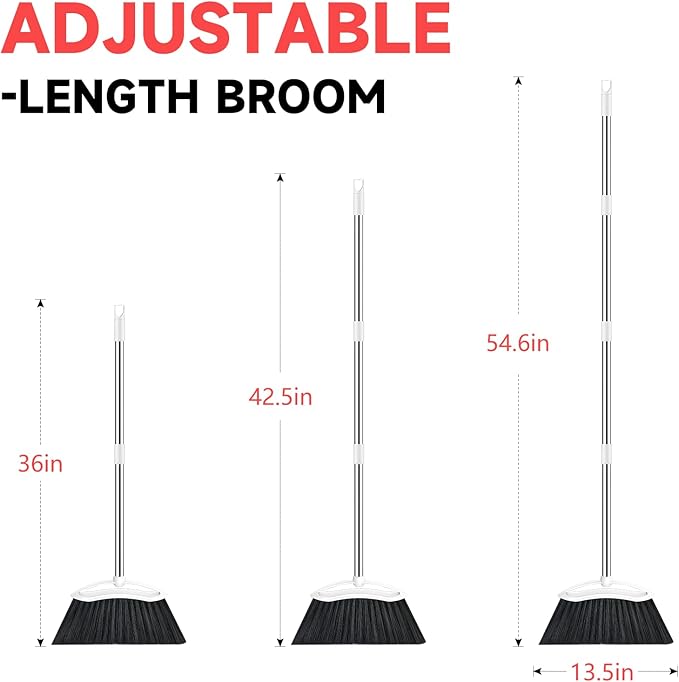 Heavy Duty Broom, 54-inch Adjustable Long Handle Angle Brooms Large Brooms for Sweeping Indoor and Outdoor Commercial Broom for Home Kitchen Patio Garage Porch Courtyard Classroom, White