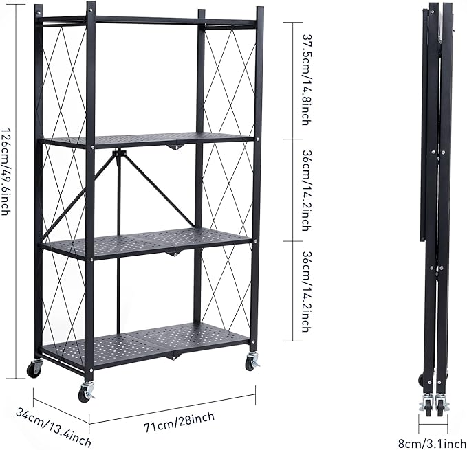 BRIAN & DANY 4-Tier Foldable Storage Shelves with Wheels, Folding Metal Rack Shelving Unit, Heavy Duty No Assembly Organizer Shelf for Garage, Kitchen, Basement, Pantry, Black