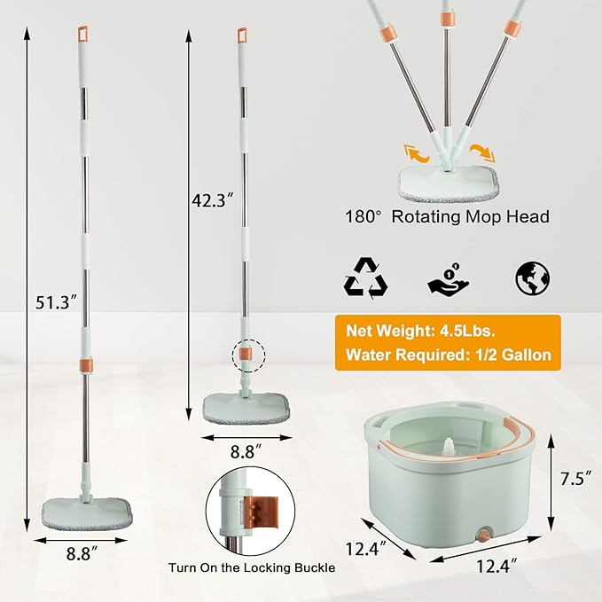 Flat Floor Mop and Bucket System Set with Wringer, Spin Mop and Bucket Separate Clean and Dirty Water with Self Separation for Hardwood, Laminate, Tile, Floor Cleaning, Wet and Dry Use, LightCyan
