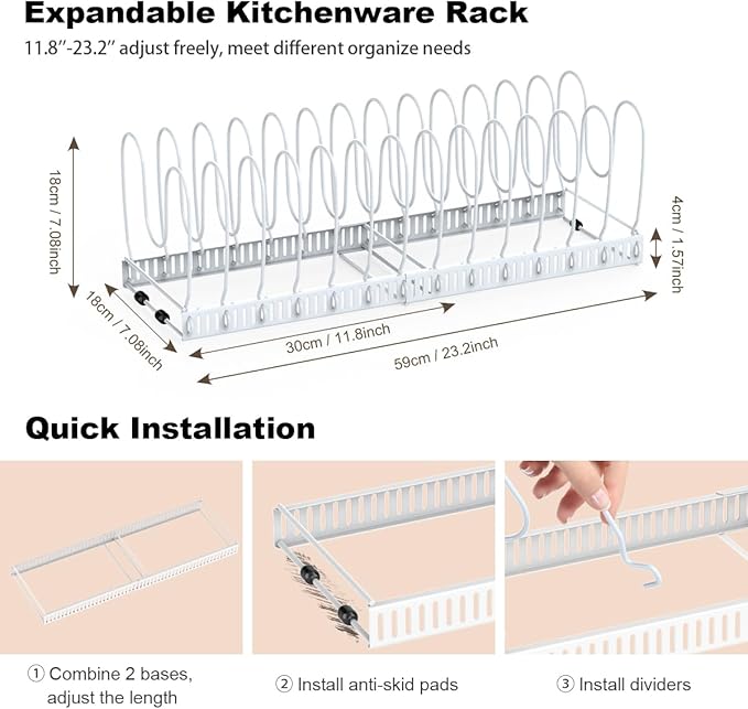 Housolution Pot and Pan Organizer Rack for Cabinet, Upgraded Expandable Pot Lid Organizer with 14 Adjustable Dividers, Pan Holder Storage Rack for Kitchen Cabinet, White