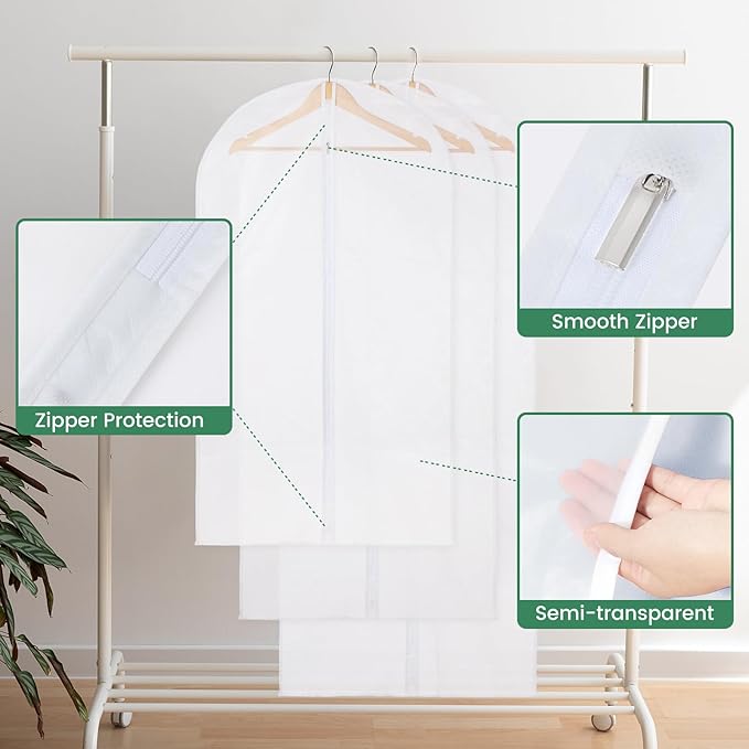 Carbrea Translucent Garment Bags for Hanging Clothes - Frosted Clothes Storage Bags for Suits, Dresses, Closet Storage - 6 Pack