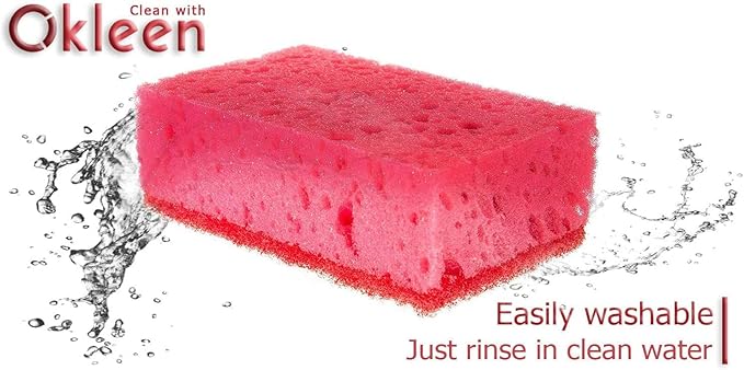 Pink Multi Use Scrub Sponges. Made in Europe. 18 Pack, 4.3x2.8x1.4 inches. Odorless Heavy Duty & Non Scratch Fiber. Durable and Delicate Scrubber for Kitchen & Bathroom, Housekeeping & Outdoors