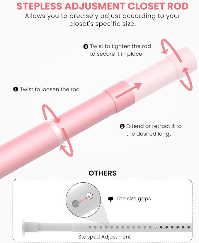 Supforce Closet Rods for Hanging Clothes, 17 to 54 Inches Stepless Adjustable Metal Closet Rod, 1.3 Inches Heavy Duty Clothes Hanging Rod for Closet Wardrobes Laundry RV, Pink