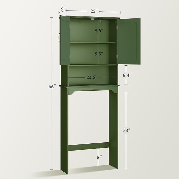 Yaheetech Over The Toilet Storage Cabinet, Over Toilet Cabinet with Adjustable Shelf, Bathroom Storage Organizer with Double Wood Doors, Green
