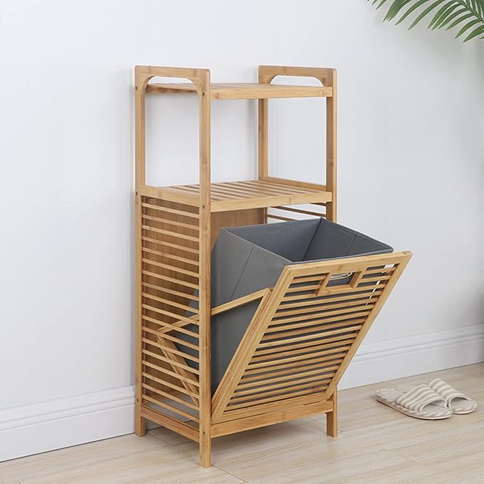 LOYALHEARTDY 37.4'' Tilt Out Laundry Hamper, 2-Tier Bamboo Laundry Hamper Cabinet Floor Stand Bathroom Storage Shelf Cabinet Clothes Organizer Laundry Shelf for Laundry Room Bathroom Bedroom