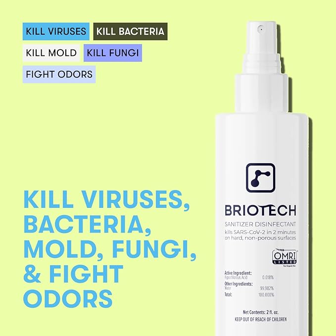 BRIOTECH Sanitizer Disinfectant Hypochlorous Spray, Kill 99.99% of Viruses & Bacteria, Control Mold, Eliminate Odor, Gentle for Nursery & Play Rooms, Food Contact Surface Sanitizer, 4 fl oz