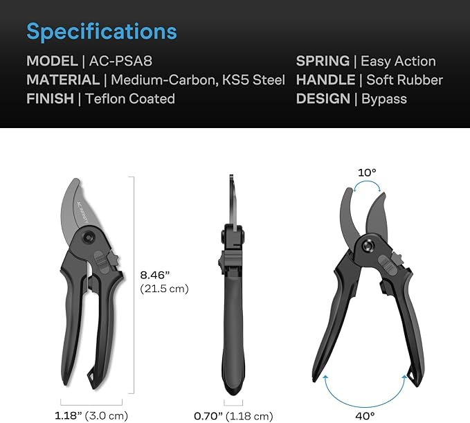 AC Infinity 8” Professional Bypass Pruning Shear, Medium-Carbon KS5 Steel Blades with Nonstick Teflon Coating, Tree Trimmer Secateurs for Gardening, Hydroponics, Grow Tents