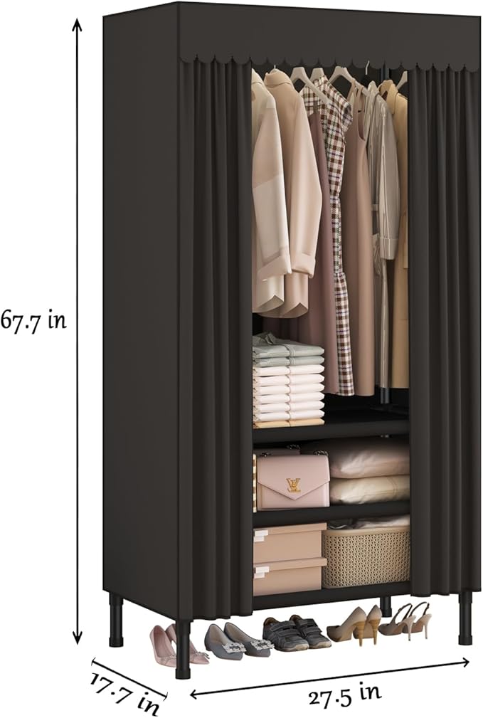 Portable Closet,Garment Rack,Heavy Duty Clothes Rack with Cover,Wardrobe Closet with 1 Hanging Rods, 2 Storage Shelves,27.5" L x 17.7" W x 67.7" H,Black