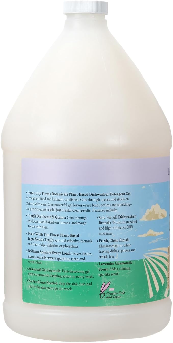Ginger Lily Farms Botanicals Plant-Based Dishwasher Detergent Gel, 100% Vegan & Cruelty-Free, Lavender Chamomile Scent, 1 Gallon Refill (Pack of 4)