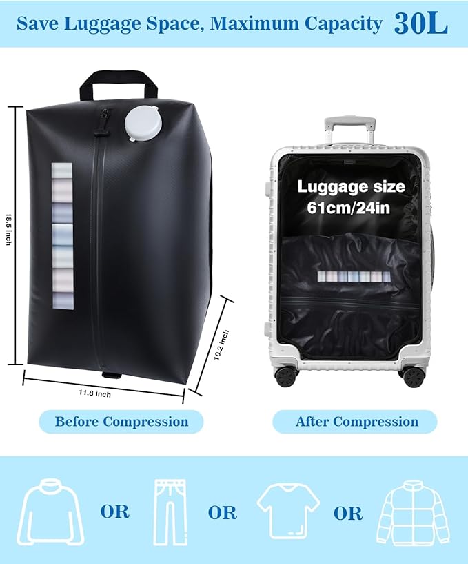Professional Vacuum Bags with Built-in Pump, 30L IP67 Vacuum Seal Bags with See-through Window, Space Saver Bags for Clothing Travel(Black)
