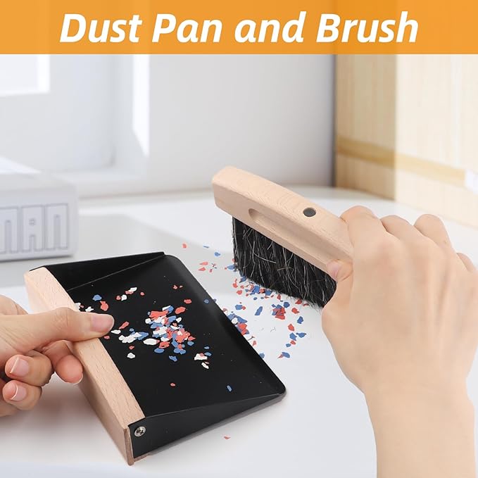 Small Dustpan and Brush Set with Wooden Handle,Mini Metal Crumb Sweeper for Countertops,Desk,Pet Hair,Car,Portable Cleaning Tools for Kitchen,Camping,Sofa (Black)