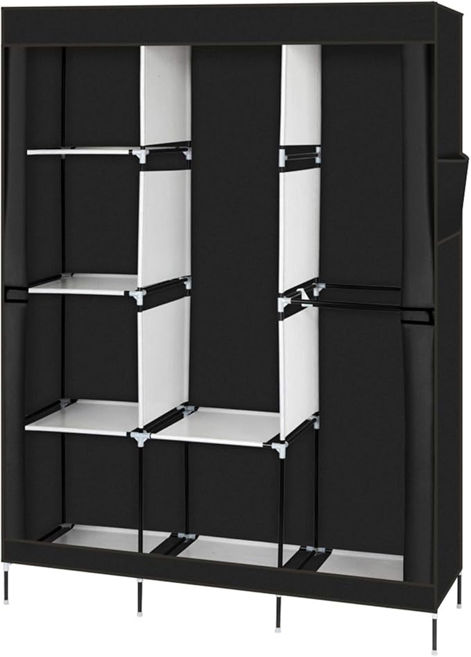 Portable Closet Wardrobe,71'' Closet Storage Organizer Rack with Shelves and Cover for Hanging Clothes, Non-Woven Fabric, Quick and Easy to Assembly (Black)