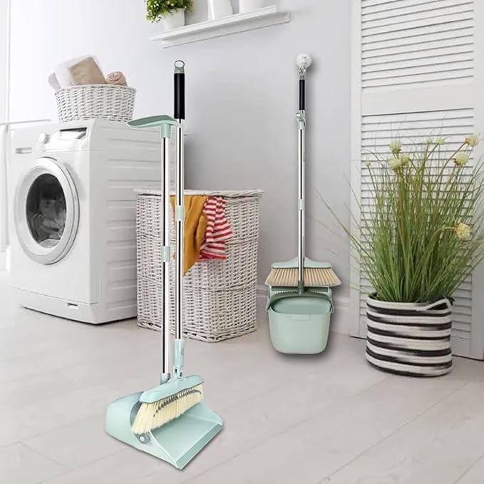 Broom and Dustpan Set for Home, Long Handle Dust Pan and Broom Combo for Indoor Outdoor Heavy Duty Dustpan Set for Kitchen Lobby Office Upright Standing Dustpan with Teeth (Green)
