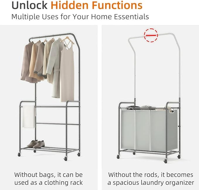 ROMOON Laundry Sorter Hamper with Hanging Bar, 3 Section Rolling Laundry Cart with Clothes Rack & Heavy-Duty Lockable Wheels, Divided Laundry Basket Organizer for Apartment & Small Spaces (130L Grey)