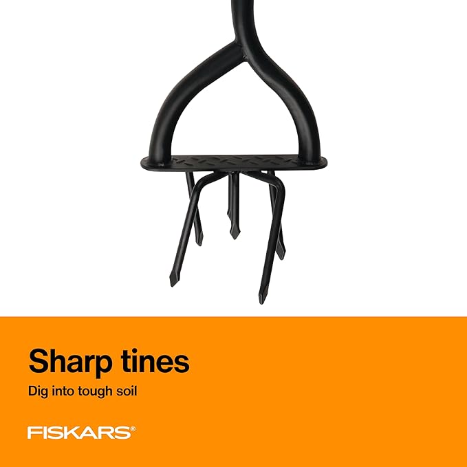 Fiskars 40" Steel Tiller, Long Handle Hand Tiller for Gardening, Garden Tool