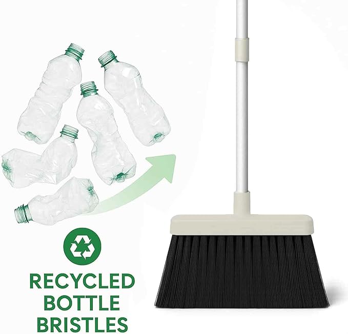 Broom and Dustpan Set for Home, Long Handle Upright Broom Dustpan Combo with Self Cleaning Dustpan Teeth, Standing Sweep Set for Kitchen Office Lobby Garage Floor Indoor Outdoor Cleaning