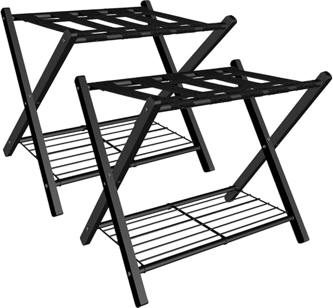 mocomax 2 Pack Folding Luggage Rack for Guest Room, Foldable Suitcase Stand Holder with Metal Storage Shelf for Bedroom, Living Room, Hotel Essentials, Heavy Duty Steel Frame, Black