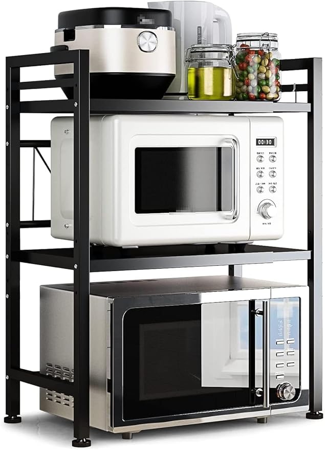 DOLALIKE Microwave Oven Rack, Expandable Microwave Stand Countertop Kitchen Utensils Tableware Storage, Carbon Steel Over Microwave Shelf Countertop with 3 Hooks