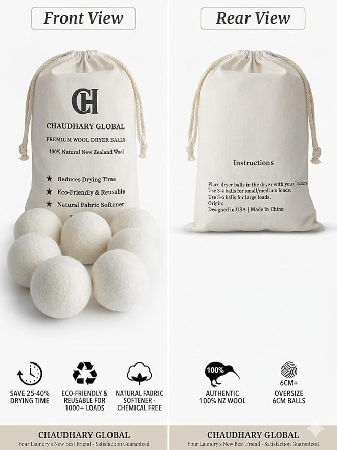 Wool Dryer Balls XL 6-Pack – 100% Organic New Zealand Wool, Reusable Natural Fabric Softener, Reduce Drying Time, Eco Friendly Laundry Balls, Chemical Free, for Sensitive Skin Chaudhary Global