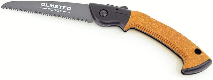 OLMSTED FORGE Hand Saw with 7 Inch Folding Blade and Push Button Lock - Portable Saw for Camping, Hiking, Hunting, Pruning, Tree Trimming, Cutting Branches