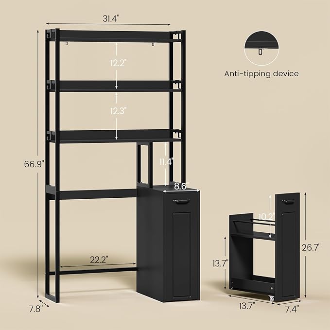 UPOSOJA Over The Toilet Storage Cabinet with Pulley, Bathroom Organizer W/6 Hooks for Restroom, Laundry, Plant Stand (Black)
