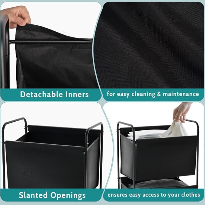 125L Vertical Laundry Hamper with Wheels, 3 Section Large Rolling Laundry Sorter with Detachable Inners, Metal Clothes Hamper Laundry Baskets Organizer for Bathroom, Bedroom, Dorm (Black)