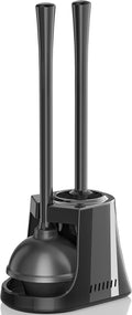 Toilet Plunger and Brush with Holder, Bowl Brush and Heavy Duty Toilet Plunger Set with Ventilated Holder, 2-in-1 Toilet Brush and Plunger Combo for 5.3-inch Toilet Drain New Pack (Black, 1)