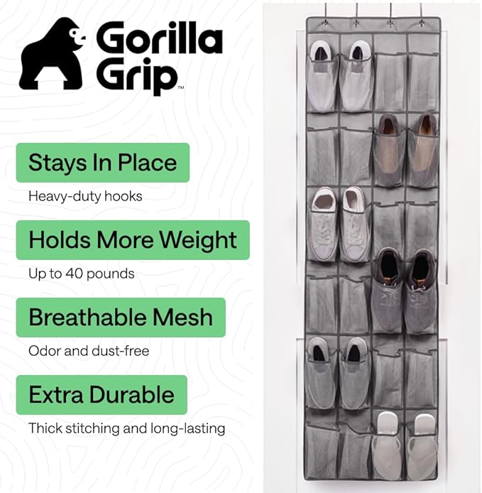 GORILLA GRIP Over the Door Shoe Organizer, 2 Pack, 24 Breathable Mesh Pockets, Space Saving Hanging Storage Holder, Closet Rack Hanger Holds Up to 40 lbs, Hangs on Closets, Shoes, Accessories, Grey