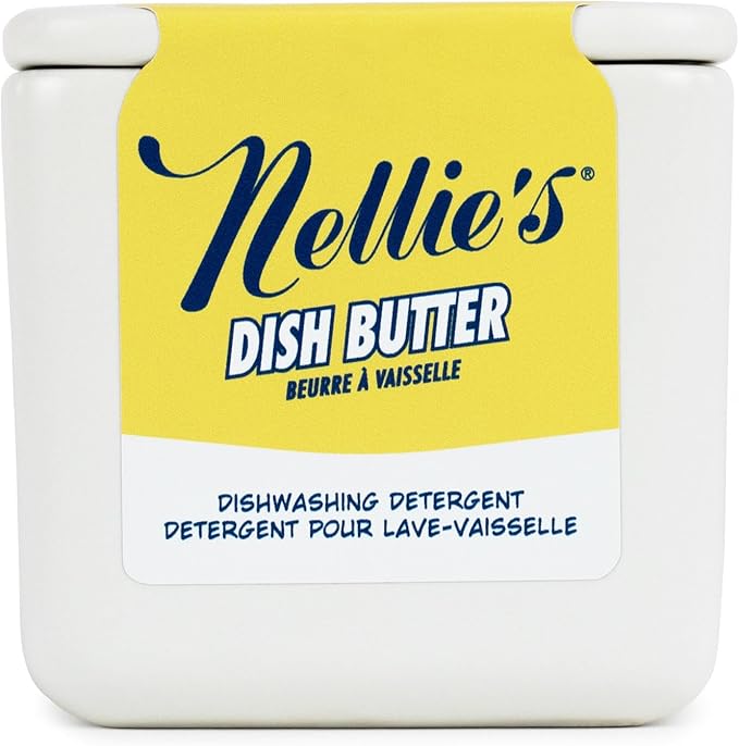 Nellie's Dish Butter - Zero-Waste Alternative to Liquid Dish Soap with Reusable Ceramic Container (White) - Light Lemongrass Scent - Plastic-Free Dishwashing - (Made in Canada)