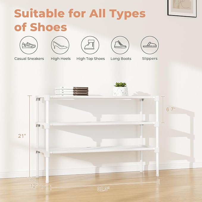 34" Widening Design Shoe Rack for Closet 16 Pairs Small Spaces Non-Woven 3 Tier Shoe Organizer Stackable Metal Shoe Shelf for Entryway, Bedroom White