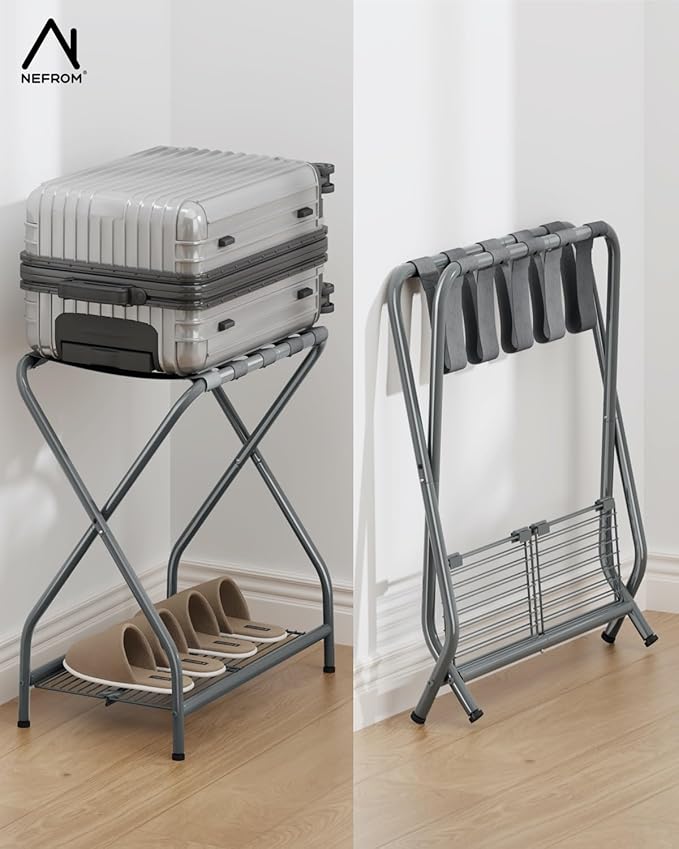 1-Piece Foldable Gray Luggage Rack Stand with Storage Shelf – Heavy Duty Metal Suitcase Holder, 150 lbs Top, 50 lbs Bottom, Fits 20”-28” Luggage – Guest Room, Bedroom, Hotel LR-GY-1