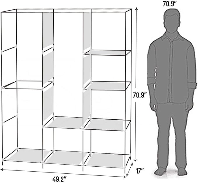 Portable Closet Wardrobe,71'' Closet Storage Organizer Rack with Shelves and Cover for Hanging Clothes, Non-Woven Fabric, Quick and Easy to Assembly (Black)