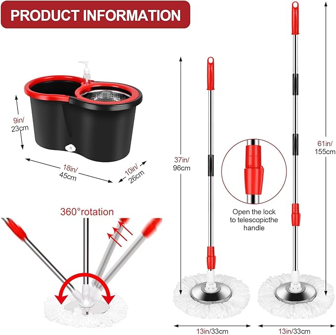 Mop Bucket with Wringer Set, 360 Rotation Mop Bucket Systerm for Floor Cleaning with 3 Microfiber Mop Head for Office and Home Use, Black (20QT)