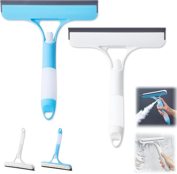 3 in 1 Window Cleaning Scraper, Cleaner Window Squeegee with Sprayer, Squeegee and Scrubber Spray Bottle Window Squeegee for Shower Glass,Mirrors,Car,Home,All-Purpose Window Cleaner Tool (Blue+White)