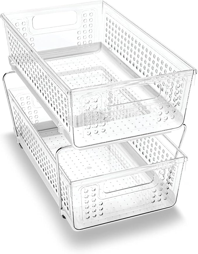 madesmart 2 Tier Organizer, Under Cabinet Storage with Pull Out Sliding Drawers, for Cleaning Supplies, Undersink Storage, Sponges, Bottles & Bath, Adjustable Dividers & Pull Out Baskets, Clear