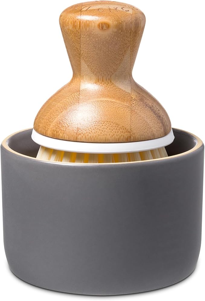Full Circle Bubble Up Bamboo Dish Brush & Ceramic Soap Dispenser – Family Safe, Formaldehyde-Free – Kitchen Scrub Brush for Dishes, Nonstick & Cast Iron, Gray