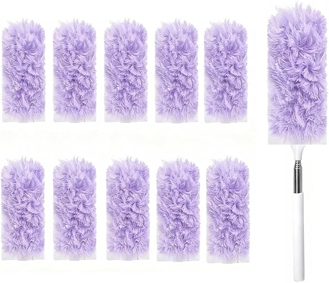 Heavy Duty Duster Refills, Disposable Dusters Kit for Cleaning Dusting Furniture Blind Ceiling Fan, Multi Surface 360 Feather Duster(10)+3FT Extended Handle（1） (pueple)