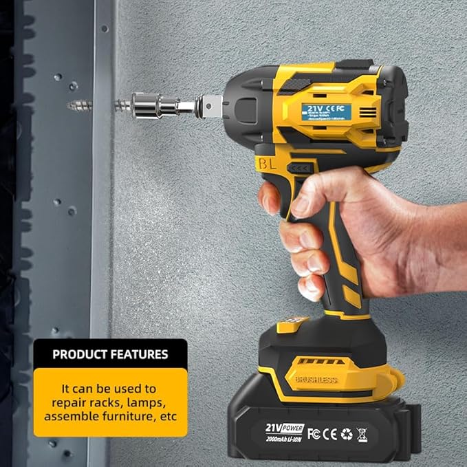 Cordless Impact Wrench, 21V Torque Power Impact Driver, 1/2" Power Impact Wrenches with 2 * 2.0Ah Batteries with 19 Accessories, Electric Impact Motor Variable Speeds for home installation (Yellow)